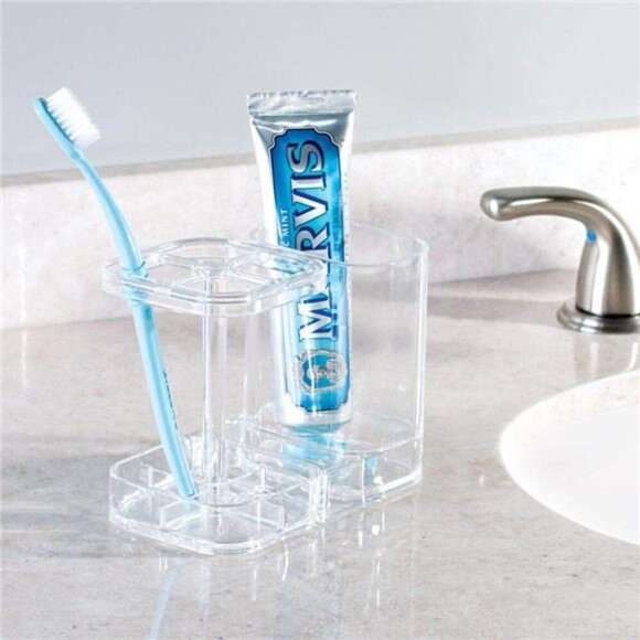 Divided Toothbrush Holder Bathroom Countertop Organizer BPA Free Plastic Clear - Picture 2 of 6